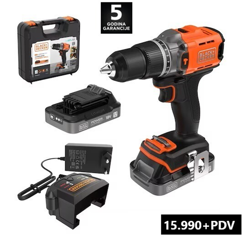 Black&Decker akumulatorska vibraciona bušilica - odvijač 18V; 2x2 Ah + kofer