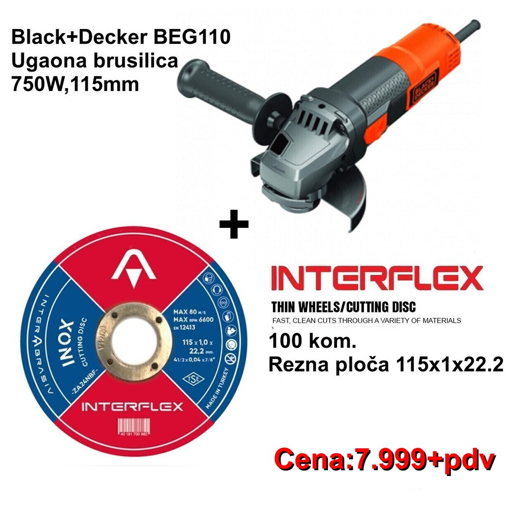 AKCIJA Ugaona brusilica Black+Decker BEG 710 + 100 kom. Rezne ploče Interflex 115x1x22.2