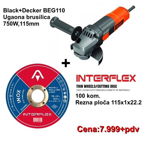 AKCIJA Ugaona brusilica Black+Decker BEG 710 + 100 kom. Rezne ploče Interflex 115x1x22.2