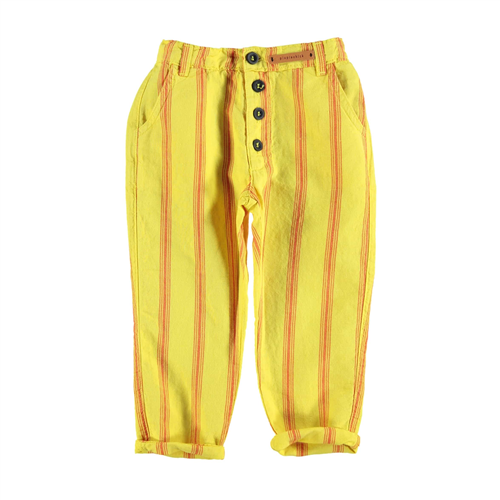 Pantalone unisex za proleće i leto žute boje sa crvenim prugicama