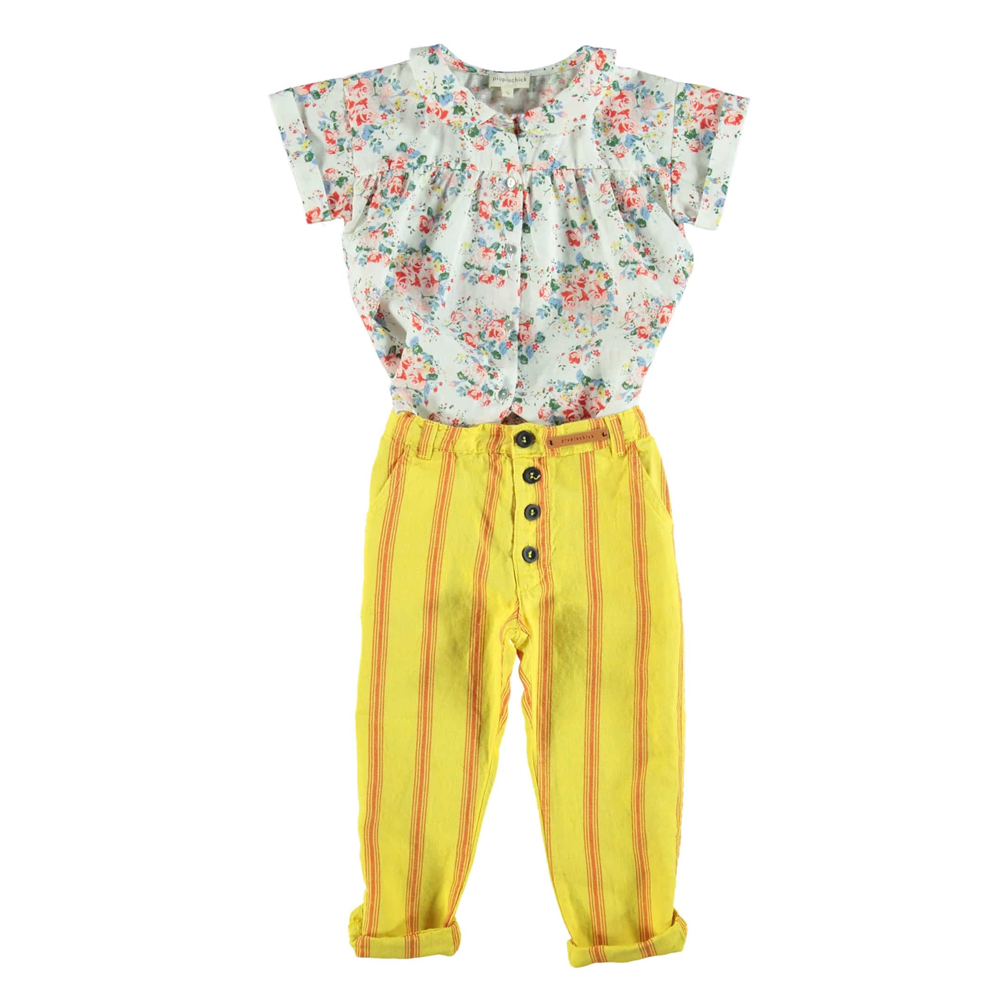 Pantalone unisex za proleće i leto žute boje sa crvenim prugicama