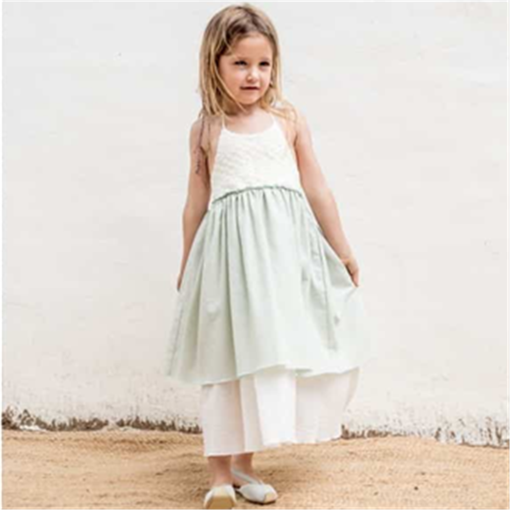 Haljina za devojčice od organskog pamuka i vezenim gornjim delom u kombinaciji bele i bledo zelene boje