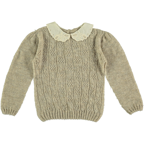 Džemper elegantan za devojčice bež boje sa pamučnom izvezenom kragnicom