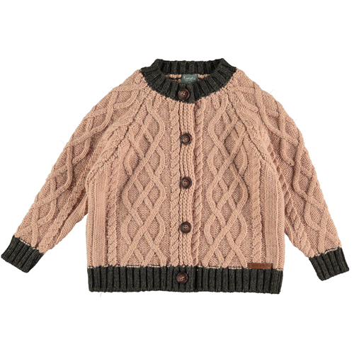 Džemper na kopčanje roze sa braon detaljima za devojčice-od deblje vune/može da posluži i kao jaknica