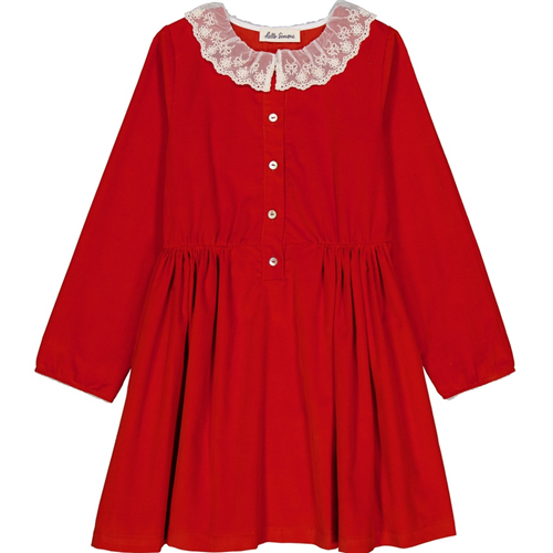 Crvena haljinica od sitnog mekanog somota sa belom čikanom kragnicom